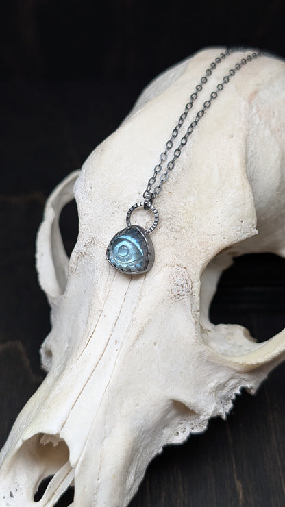 Small Triangle Evil Eye Labradorite Textured Sterling Silver Necklace