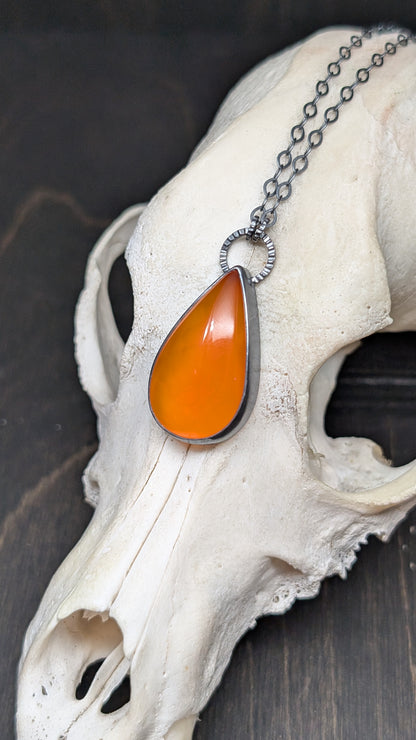 Large Teardrop Carnelian Textured Sterling Silver Necklace