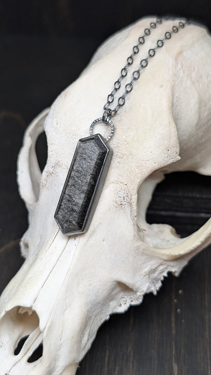 Silver Sheen Obsidian Tablet Textured Sterling Silver Necklace