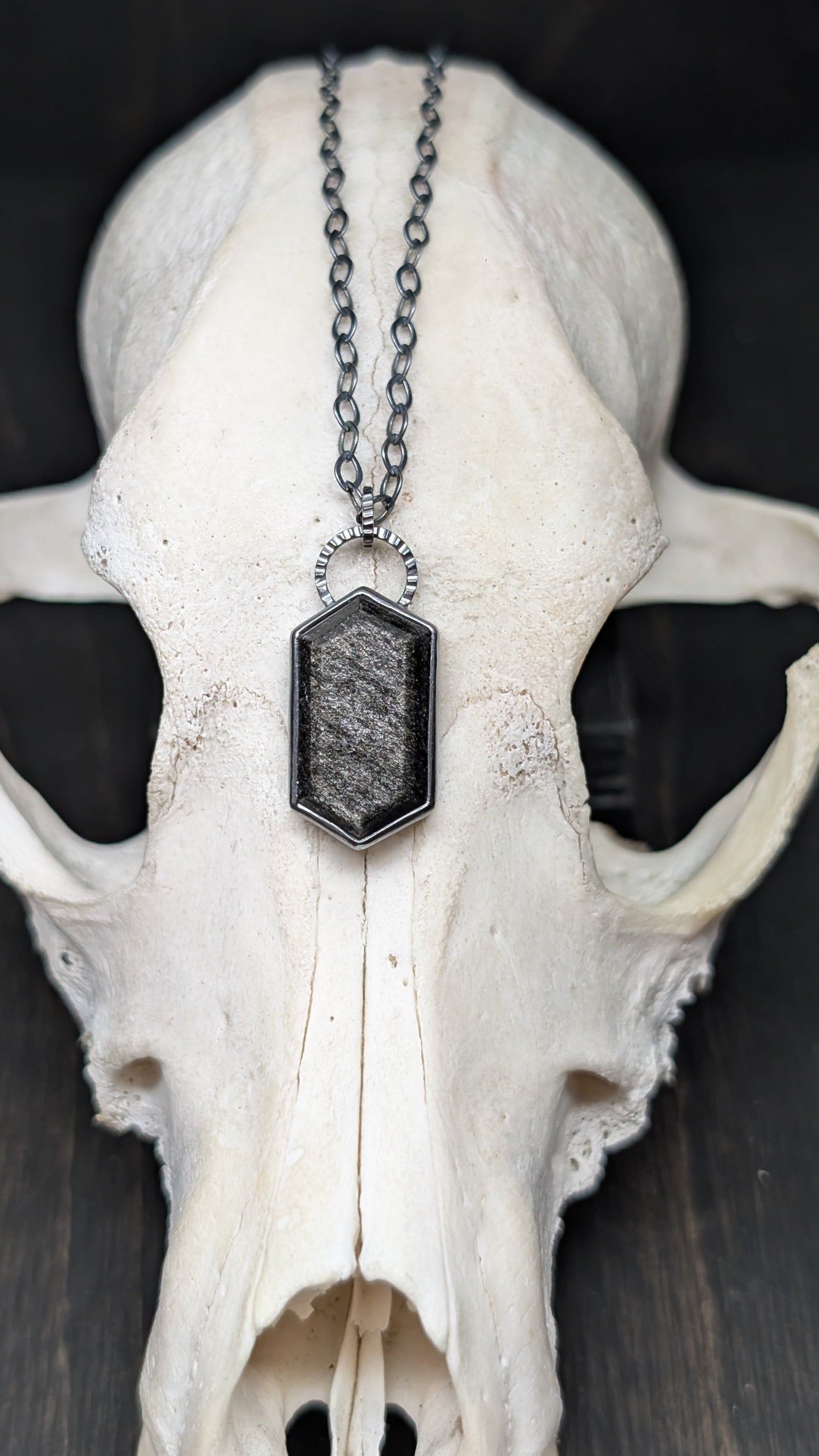 Silver Sheen Obsidian Small Tablet Textured Sterling Silver Necklace