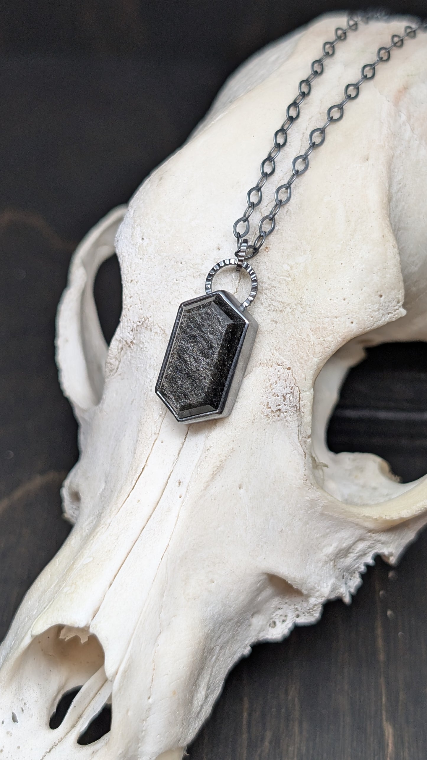 Silver Sheen Obsidian Small Tablet Textured Sterling Silver Necklace