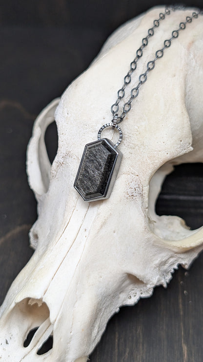 Silver Sheen Obsidian Small Tablet Textured Sterling Silver Necklace