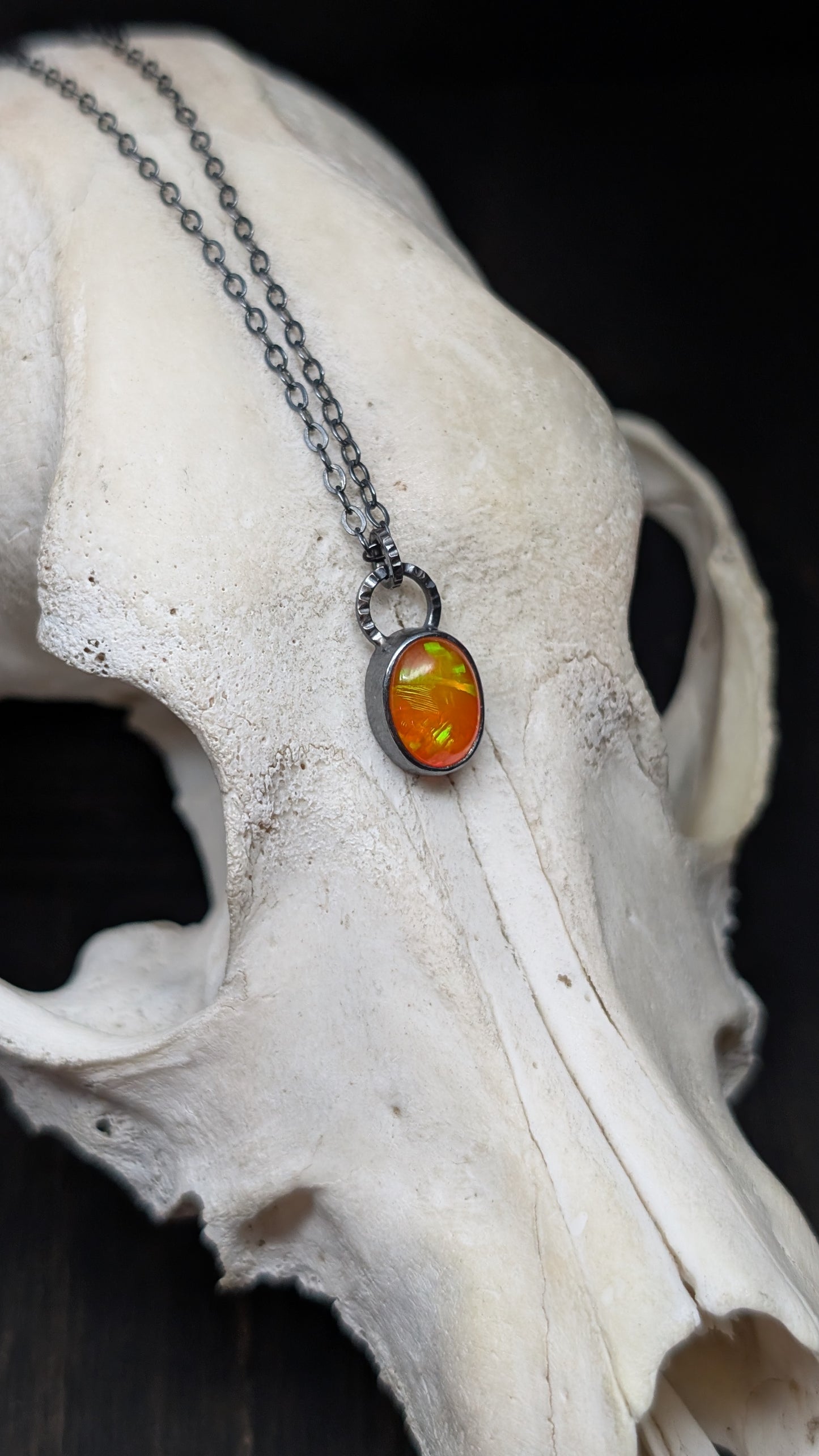 Mexican Fire Opal Oval Textured Sterling Silver Necklace
