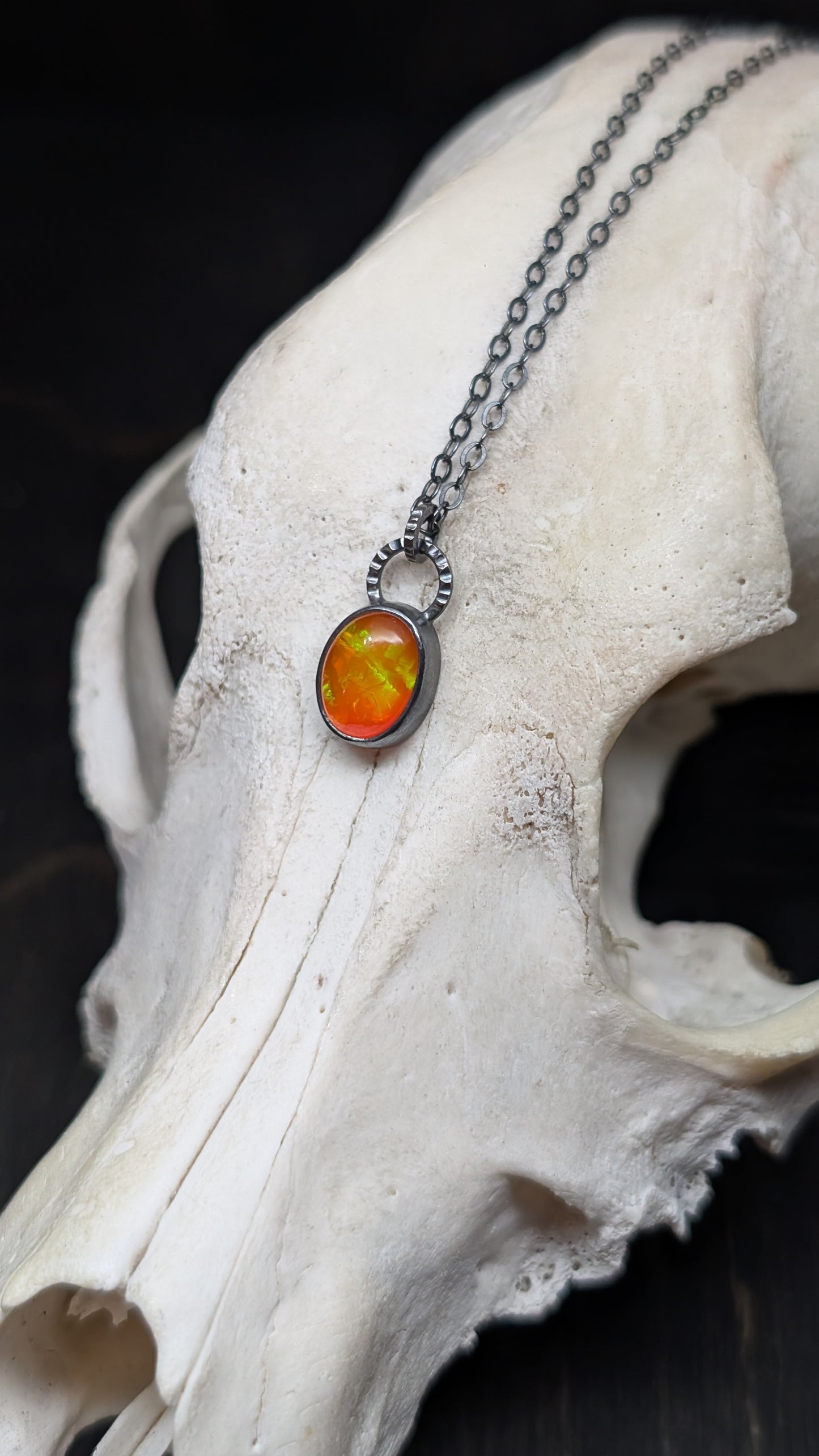Mexican Fire Opal Oval Textured Sterling Silver Necklace