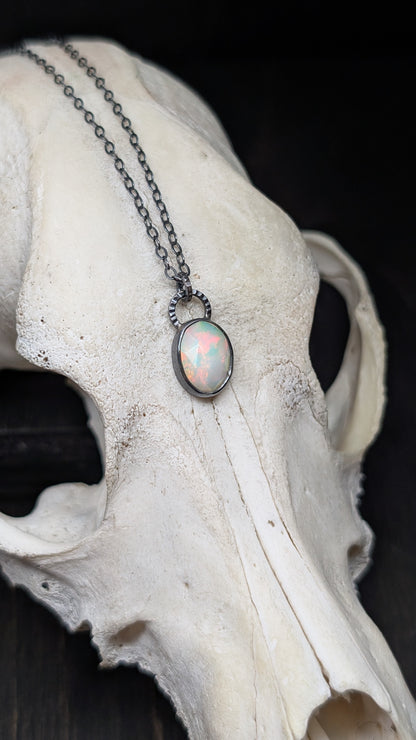 Ethiopian Opal Rose Cut Textured Sterling Silver Necklace