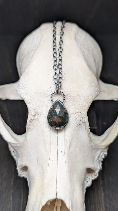Bloodstone Teardrop Textured Sterling Silver Necklace