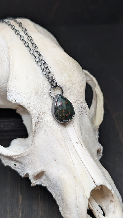 Bloodstone Teardrop Textured Sterling Silver Necklace