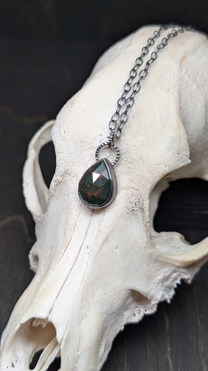 Bloodstone Teardrop Textured Sterling Silver Necklace