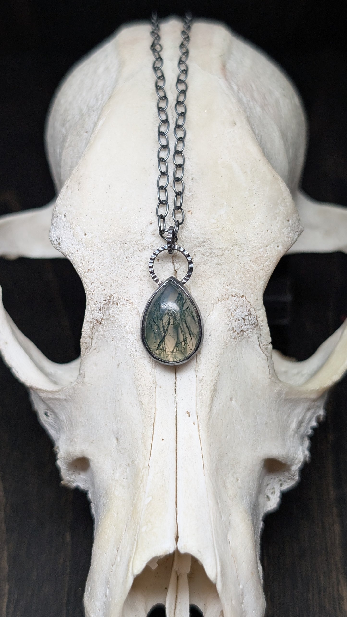 Moss Agate Teardrop Textured Sterling Silver Necklace