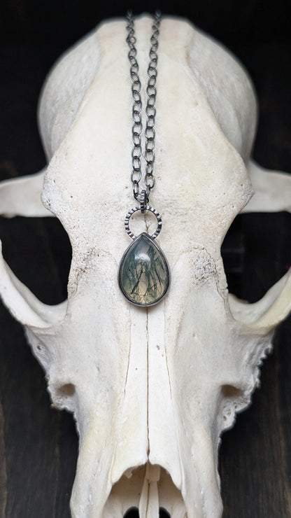 Moss Agate Teardrop Textured Sterling Silver Necklace
