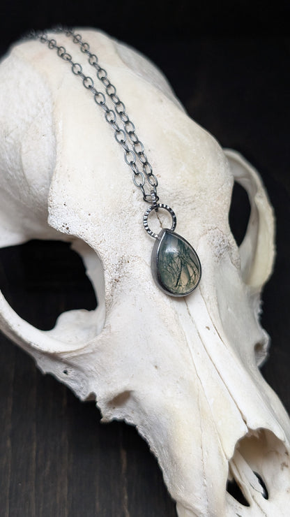 Moss Agate Teardrop Textured Sterling Silver Necklace