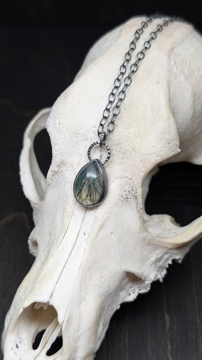 Moss Agate Teardrop Textured Sterling Silver Necklace