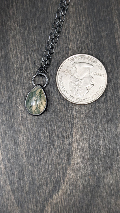 Moss Agate Teardrop Textured Sterling Silver Necklace