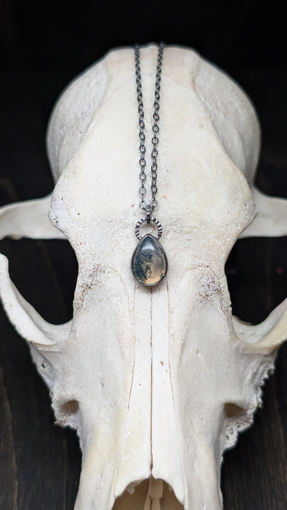 Mini Teardrop Moss Agate Teardrop Textured Sterling Silver Necklace