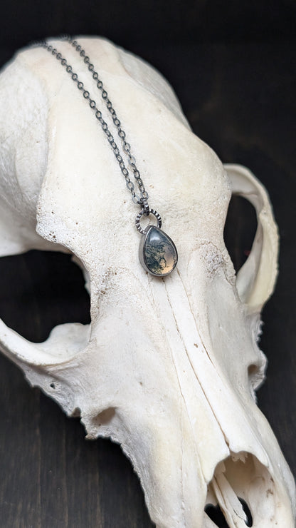 Mini Teardrop Moss Agate Teardrop Textured Sterling Silver Necklace