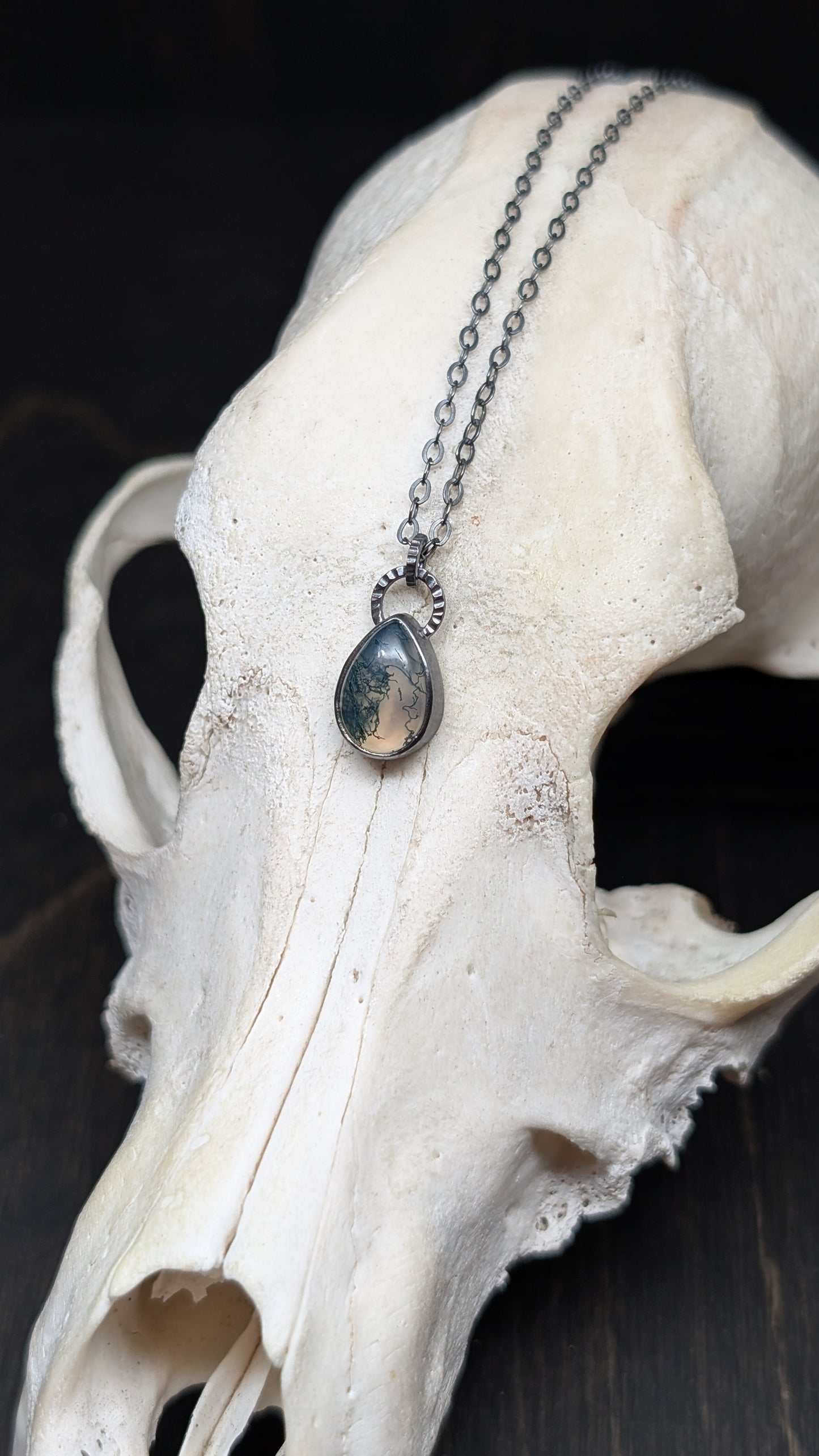 Mini Teardrop Moss Agate Teardrop Textured Sterling Silver Necklace