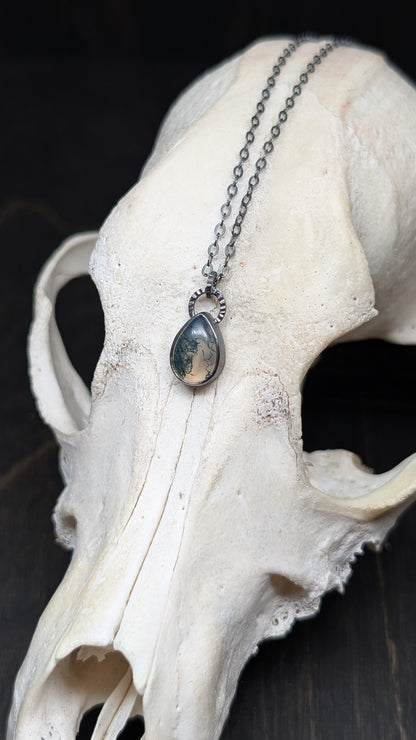 Mini Teardrop Moss Agate Teardrop Textured Sterling Silver Necklace