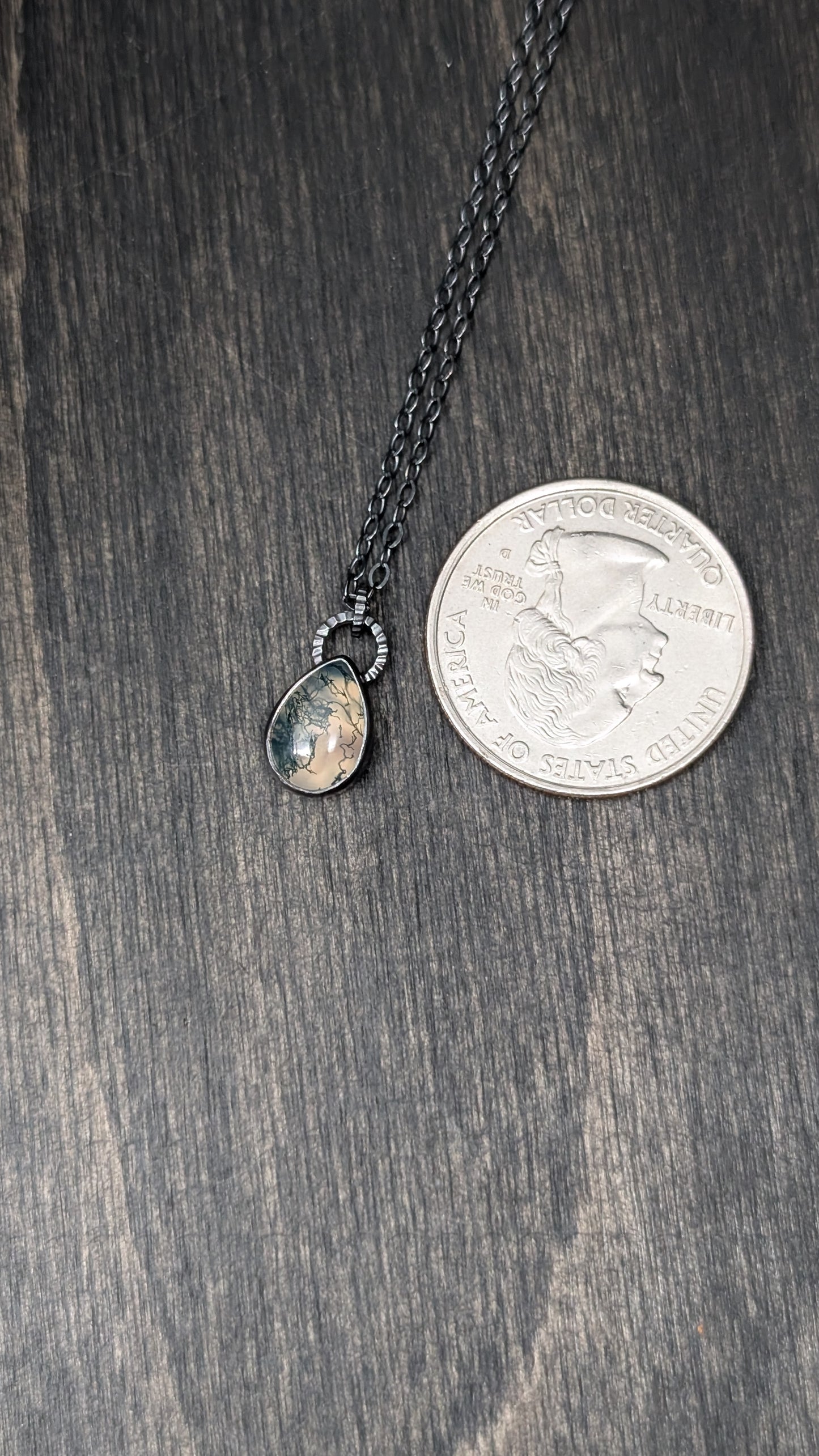 Mini Teardrop Moss Agate Teardrop Textured Sterling Silver Necklace