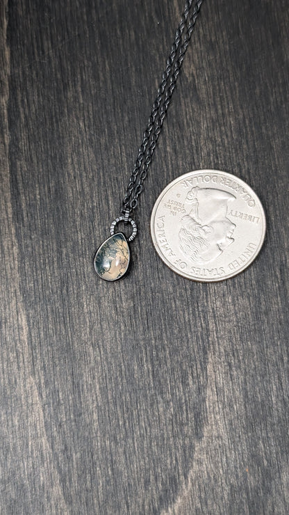 Mini Teardrop Moss Agate Teardrop Textured Sterling Silver Necklace