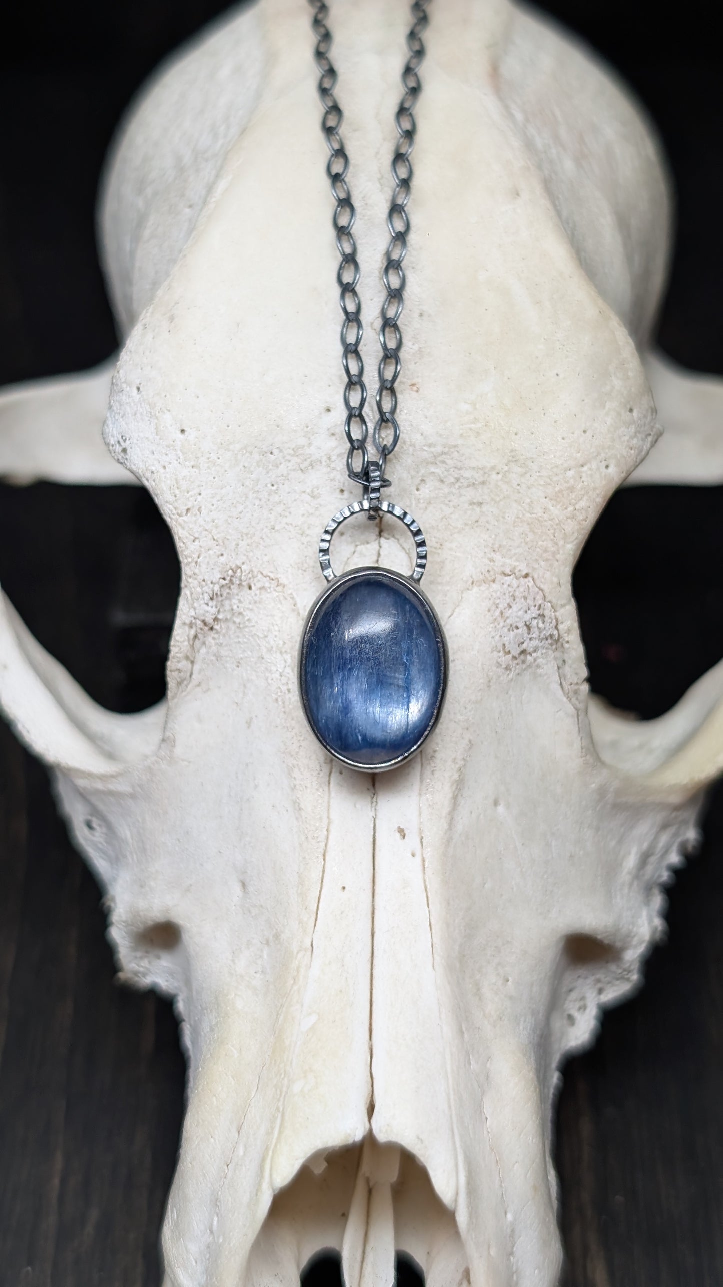 Blue Oval Kyanite Textured Sterling Silver Necklace