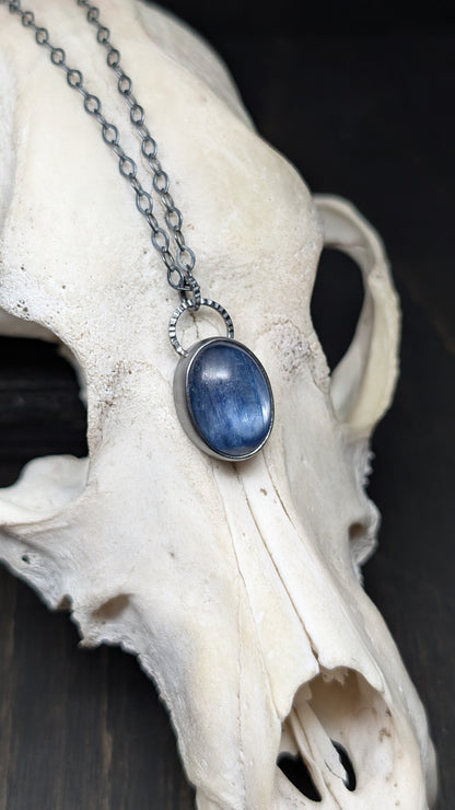 Blue Oval Kyanite Textured Sterling Silver Necklace