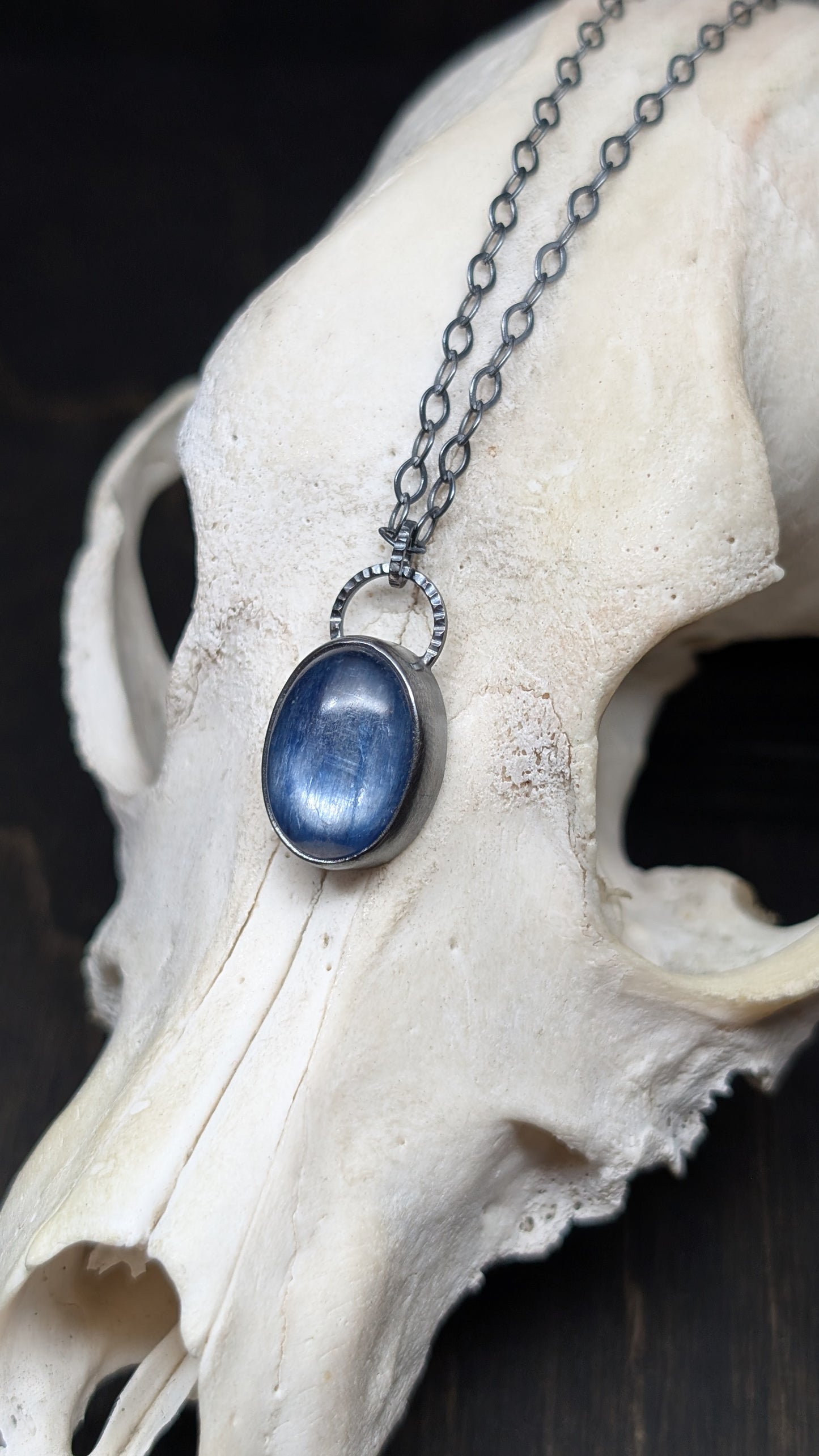 Blue Oval Kyanite Textured Sterling Silver Necklace