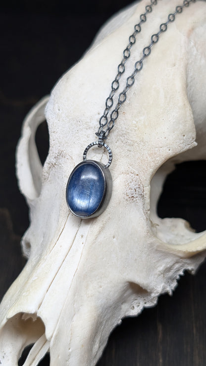 Blue Oval Kyanite Textured Sterling Silver Necklace