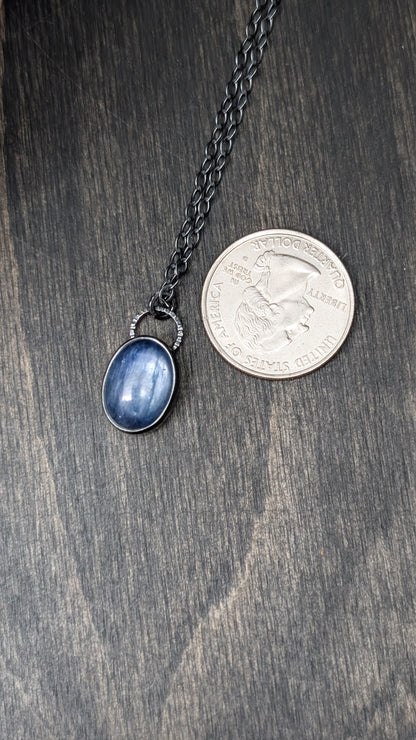 Blue Oval Kyanite Textured Sterling Silver Necklace