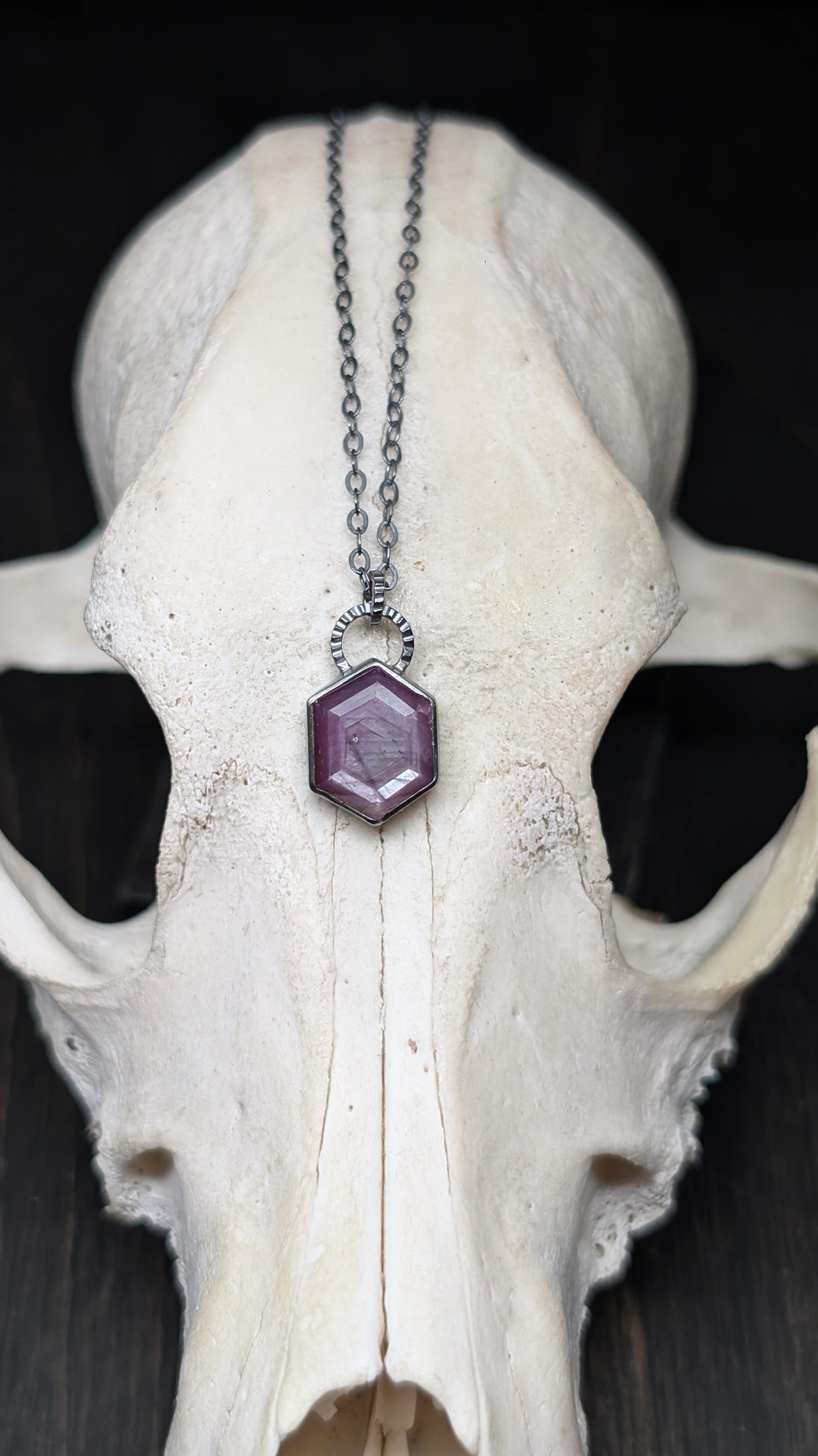 Pink Sheen Sapphire Teardrop Textured Sterling Silver Necklace