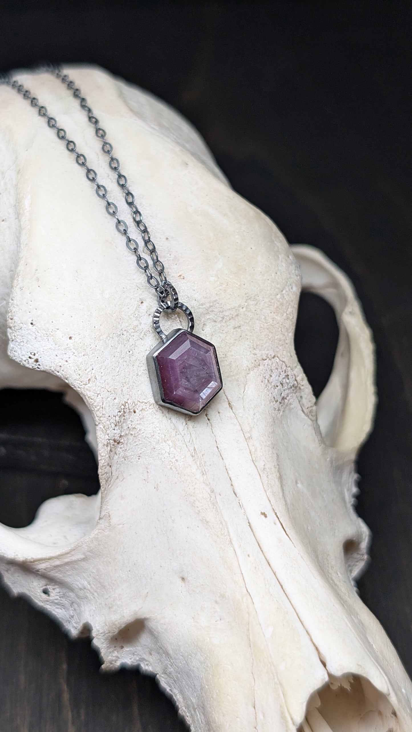 Pink Sheen Sapphire Teardrop Textured Sterling Silver Necklace