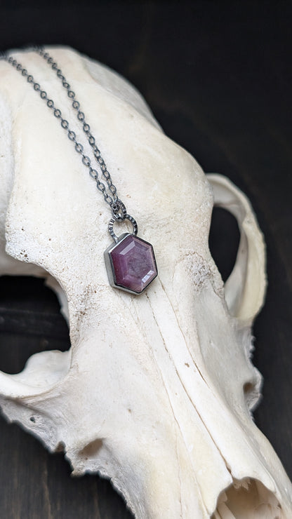 Pink Sheen Sapphire Teardrop Textured Sterling Silver Necklace