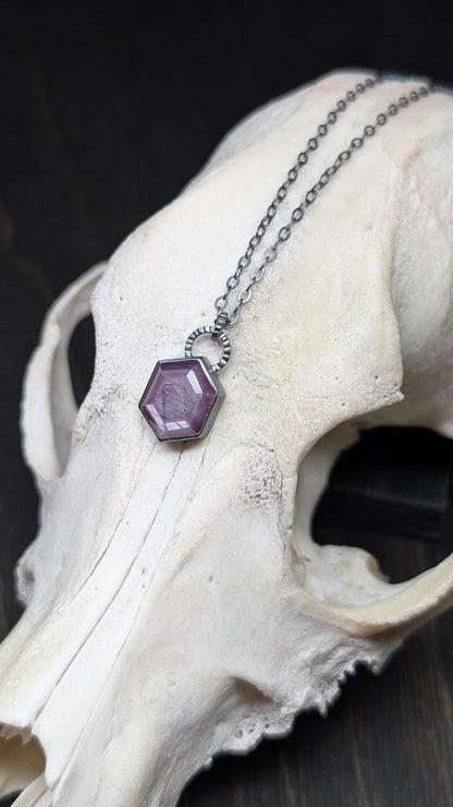 Pink Sheen Sapphire Teardrop Textured Sterling Silver Necklace