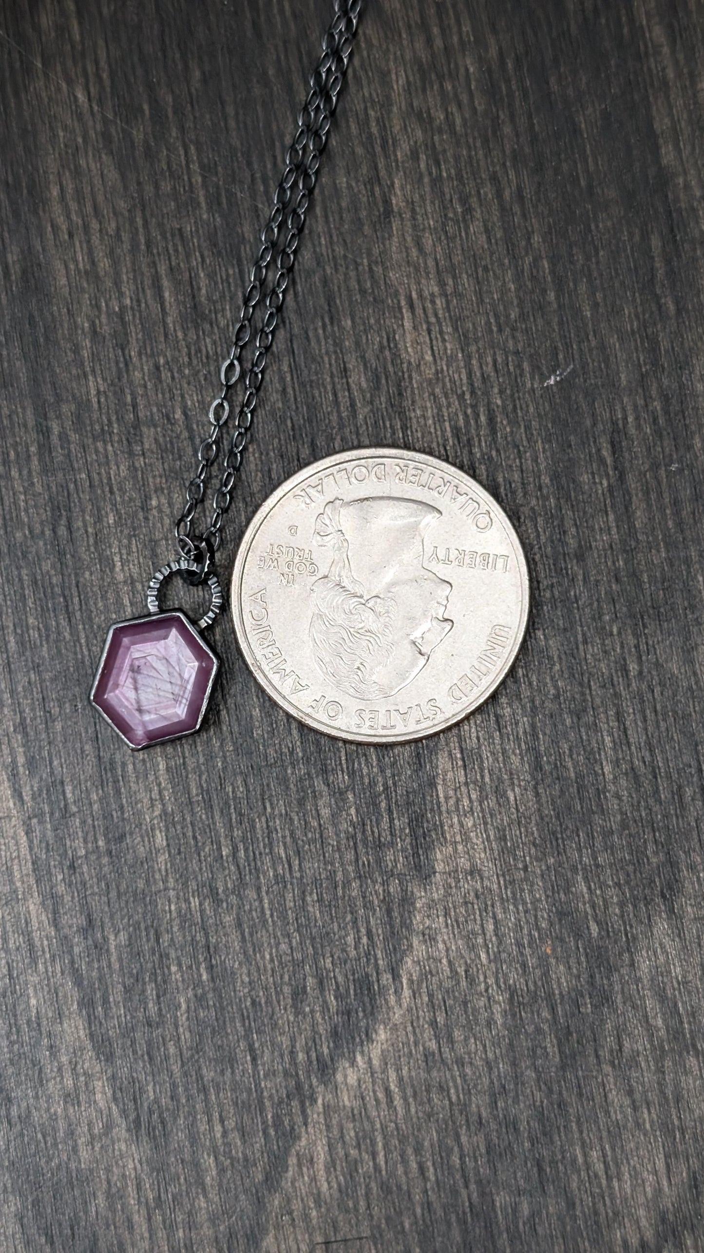 Pink Sheen Sapphire Teardrop Textured Sterling Silver Necklace