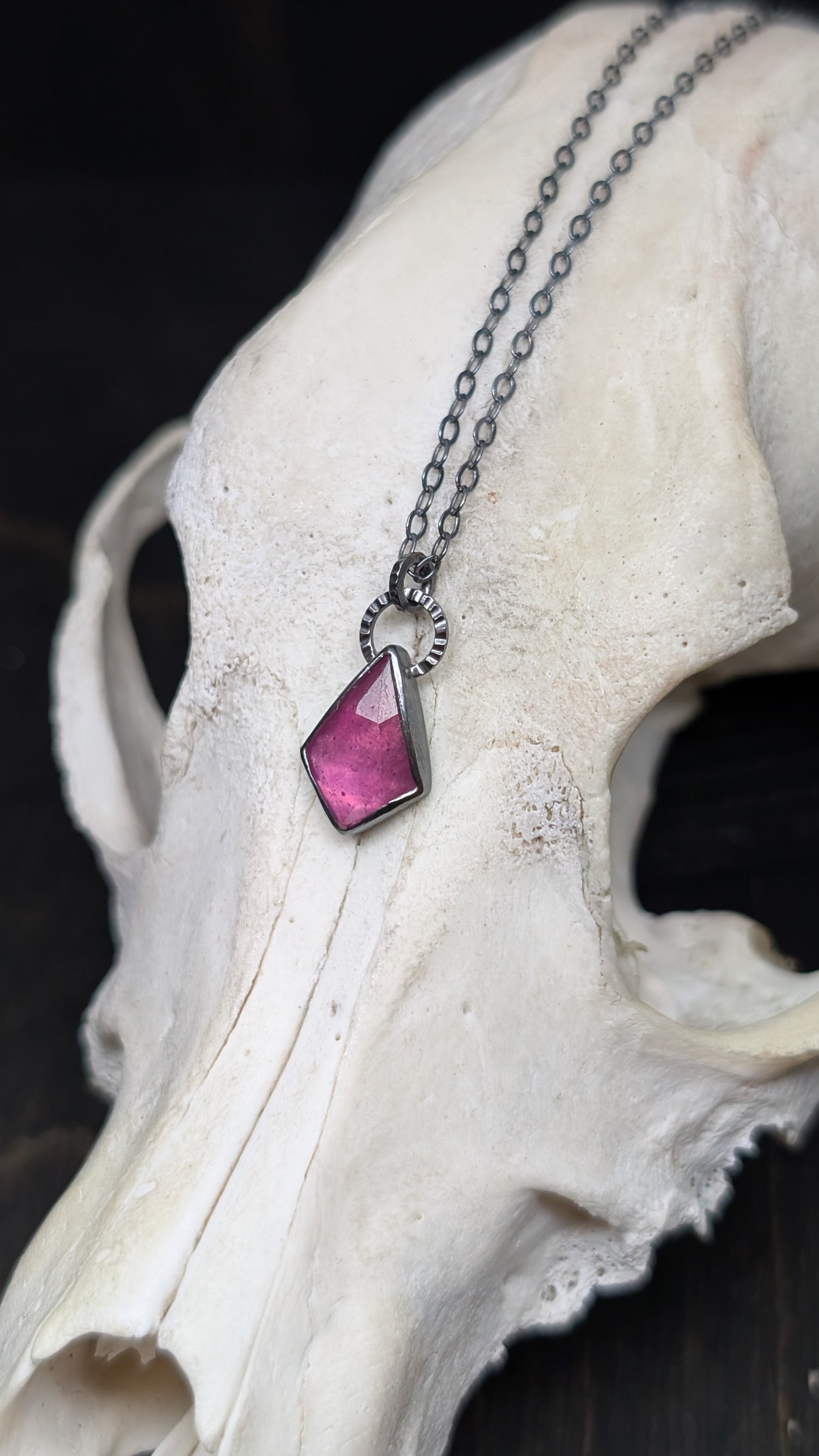 Thailand Pink Sapphire Kite Textured Sterling Silver Necklace