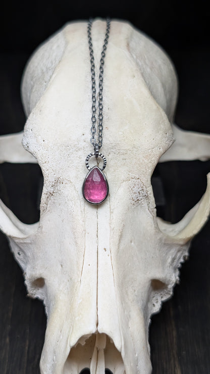 Thailand Pink Sapphire Teardrop Textured Sterling Silver Necklace