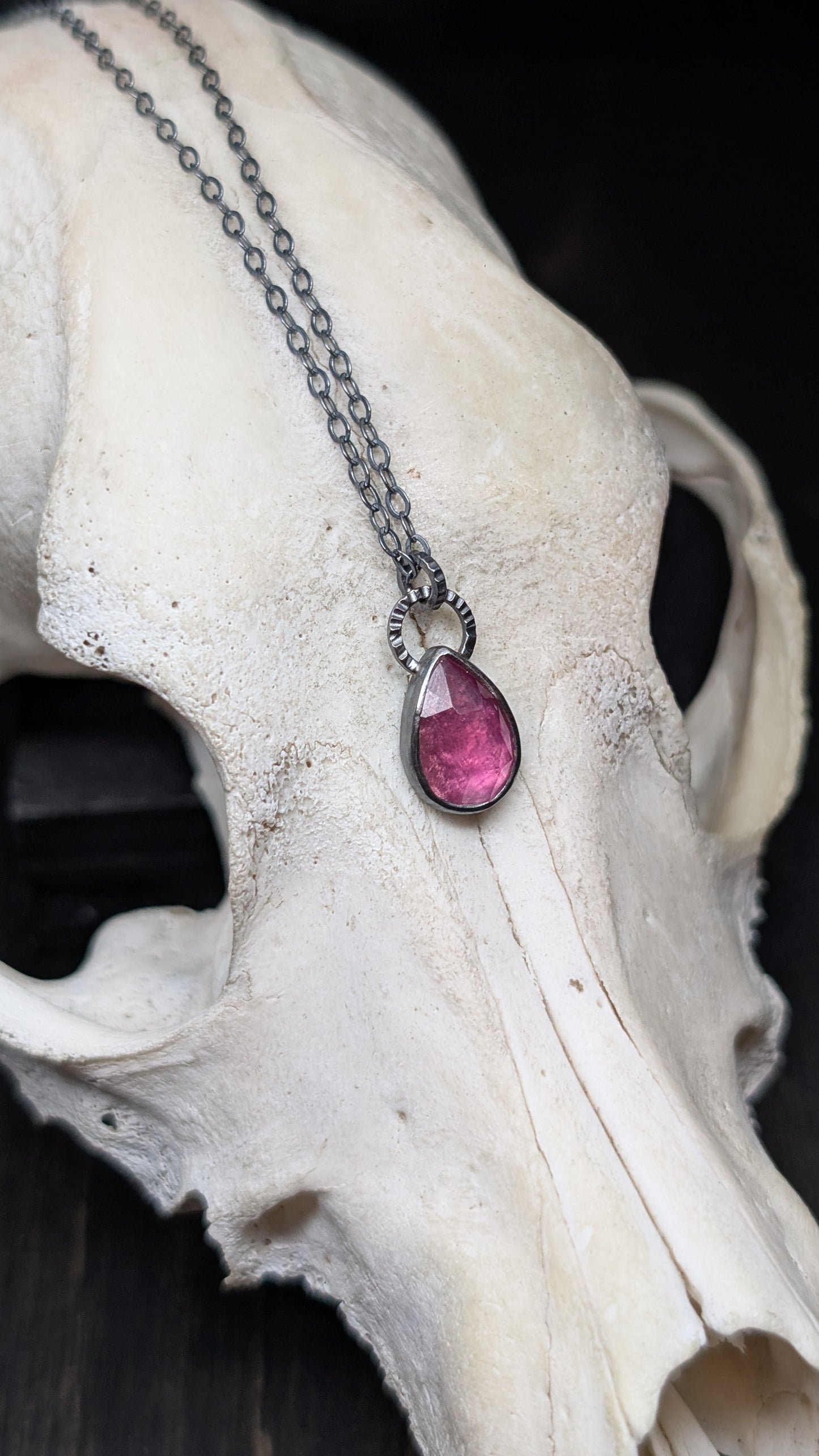 Thailand Pink Sapphire Teardrop Textured Sterling Silver Necklace