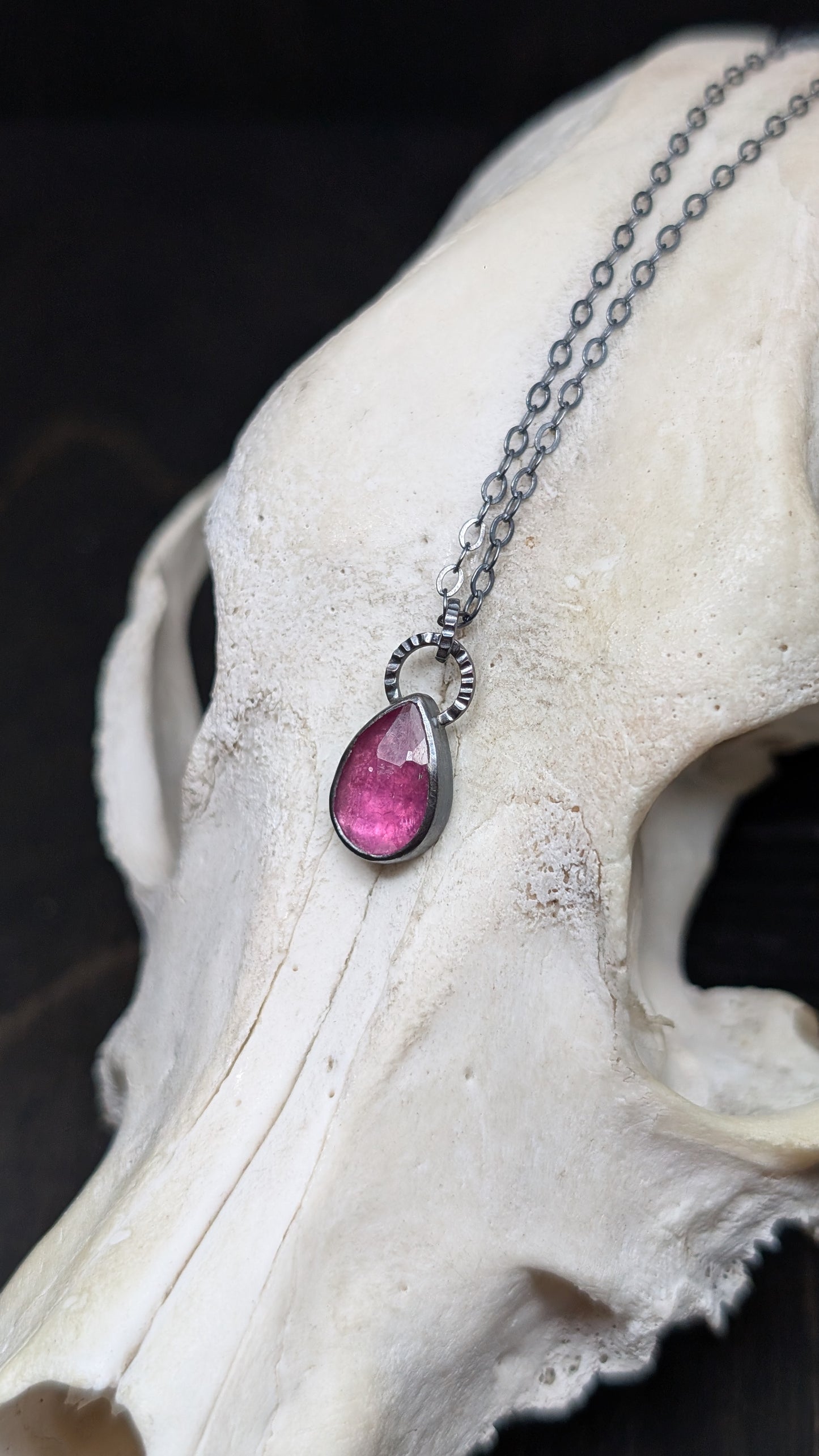 Thailand Pink Sapphire Teardrop Textured Sterling Silver Necklace