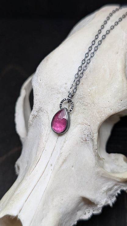 Thailand Pink Sapphire Teardrop Textured Sterling Silver Necklace