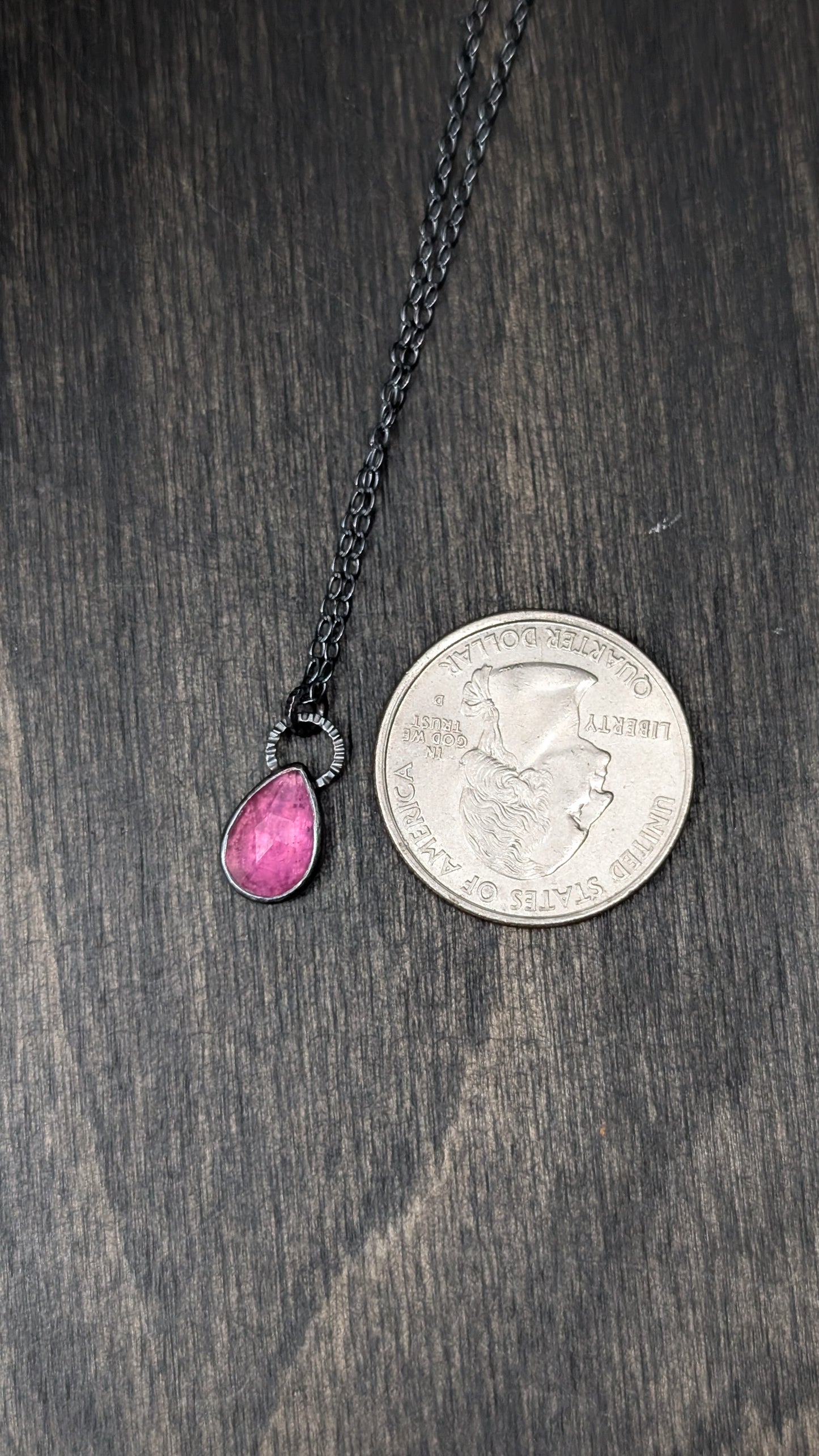 Thailand Pink Sapphire Teardrop Textured Sterling Silver Necklace