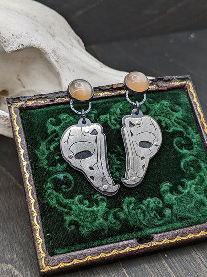 Riveted Owl Skull with Peach Moonstone Dangle Drop Stud Earrings