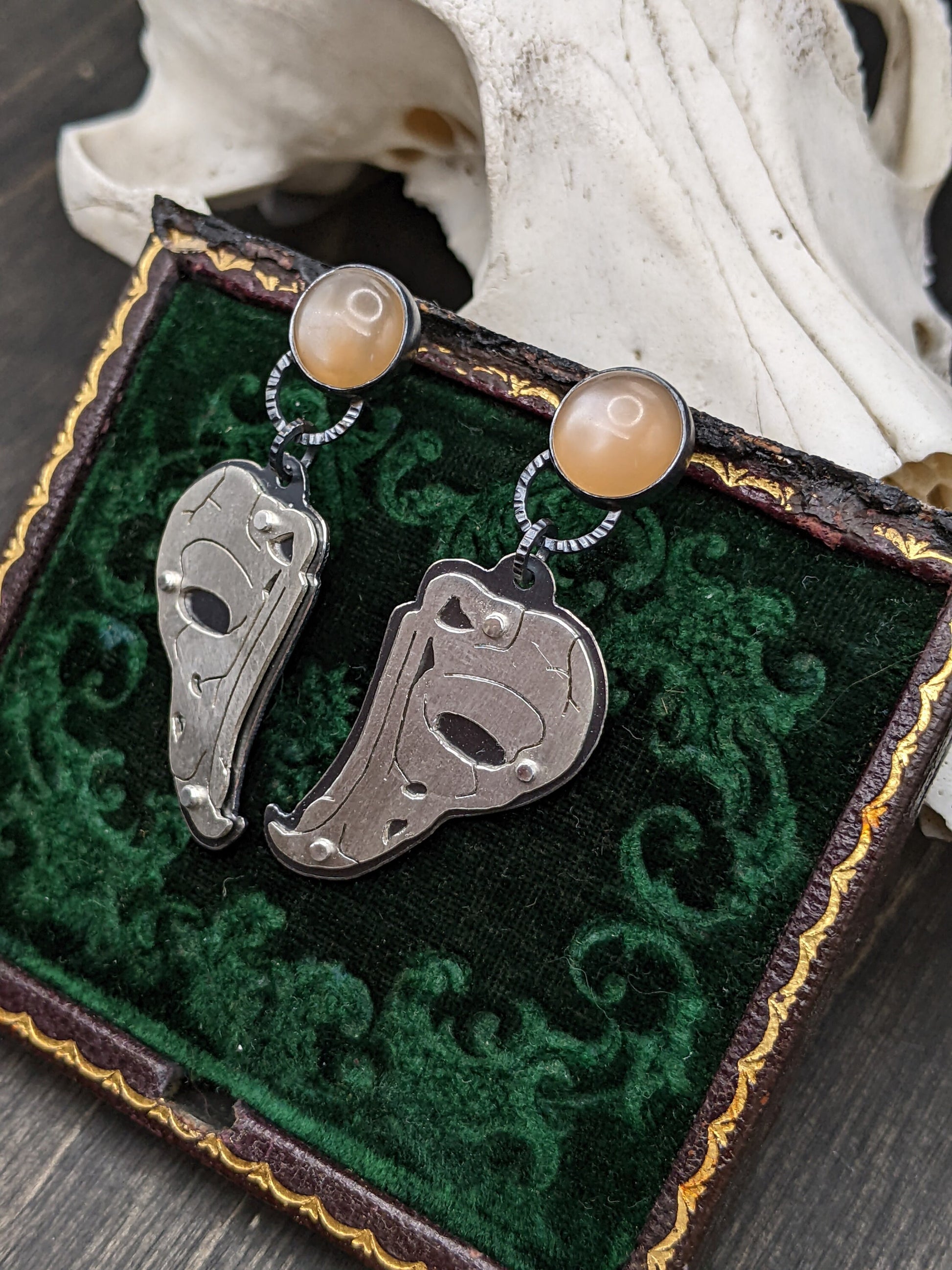 Riveted Owl Skull with Peach Moonstone Dangle Drop Stud Earrings