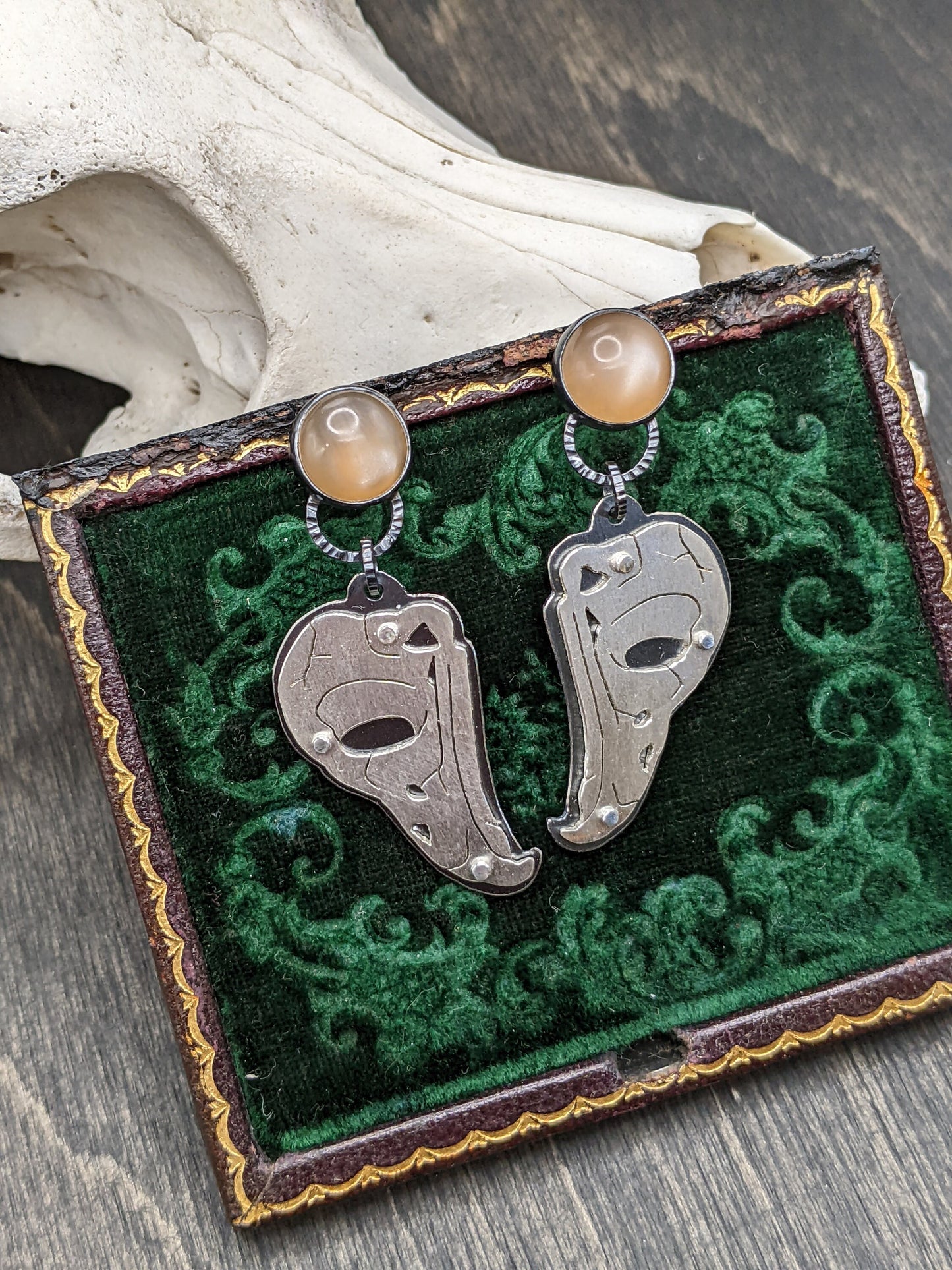 Riveted Owl Skull with Peach Moonstone Dangle Drop Stud Earrings