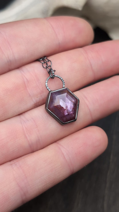 Pink Sheen Sapphire Hexagon Textured Sterling Silver Necklace
