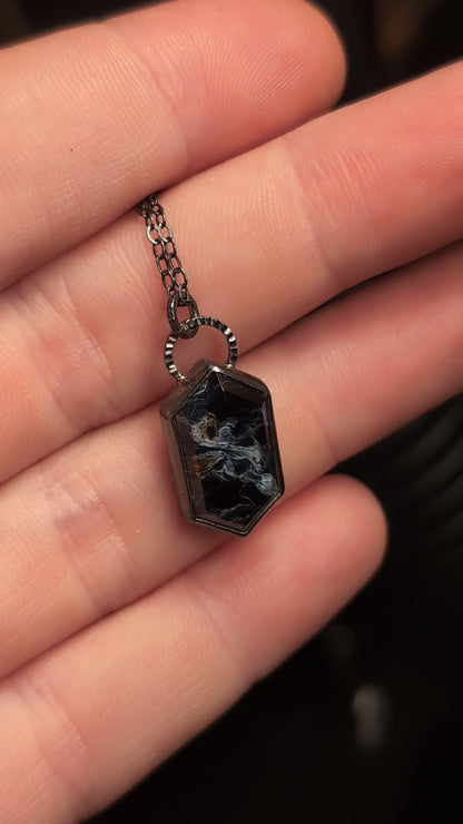 Pietersite Step Cut Tablet Textured Sterling Silver Necklace