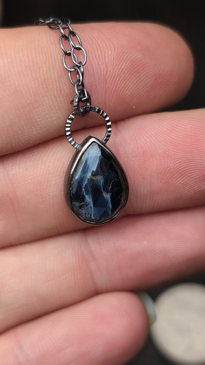 Teardrop Pietersite Textured Sterling Silver Necklace