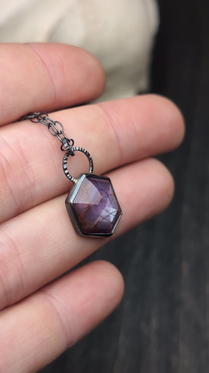 Pink Sheen Sapphire Hexagon Textured Sterling Silver Necklace