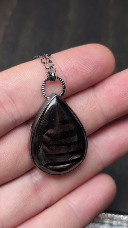 XL Teardrop Hypersthene Textured Sterling Silver Necklace