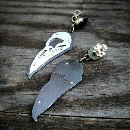 Riveted Raven Skull and Black Onyx Dangle Drop Stud Earrings