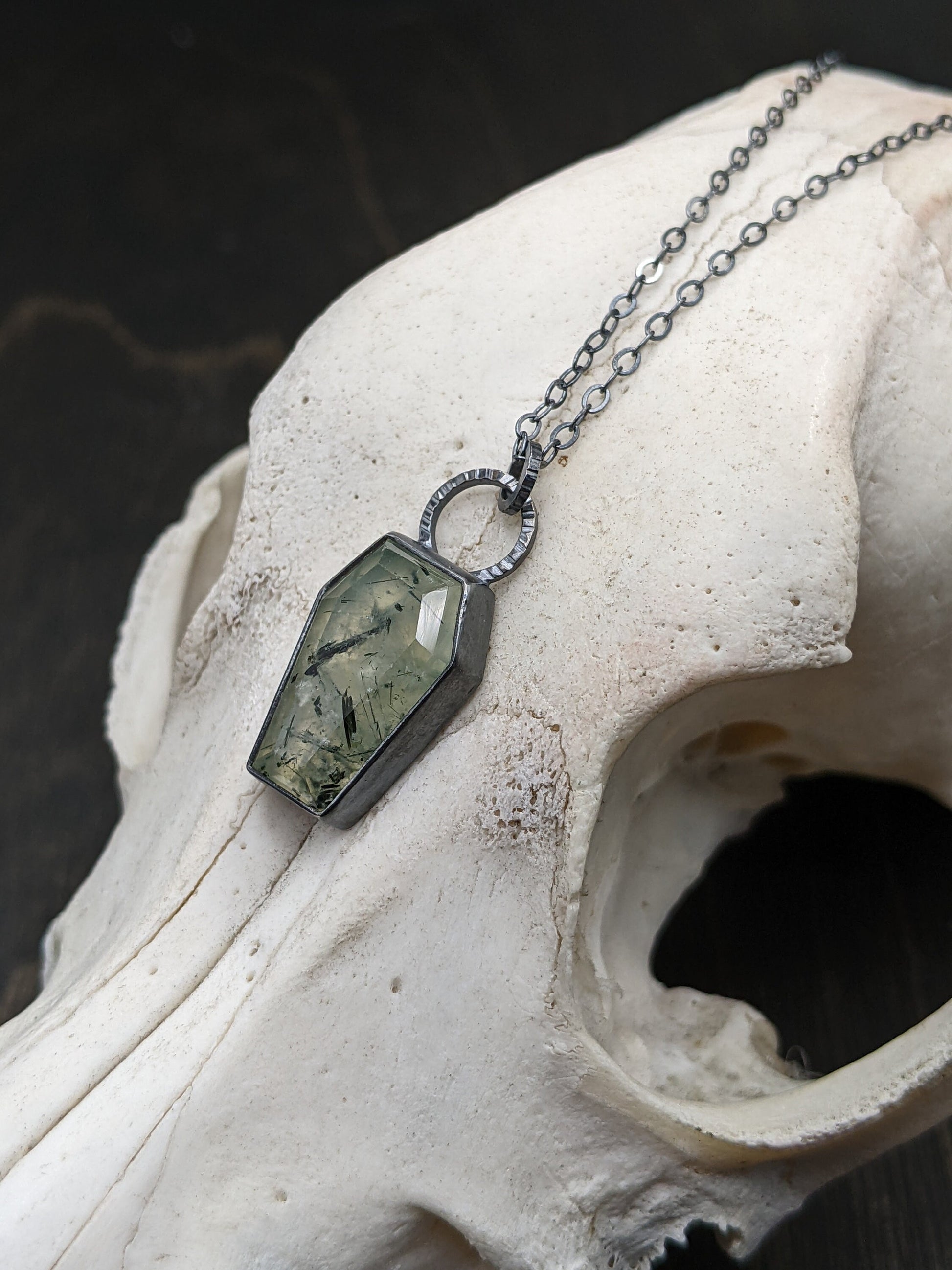 Prehnite Coffin Textured Sterling Silver Necklace