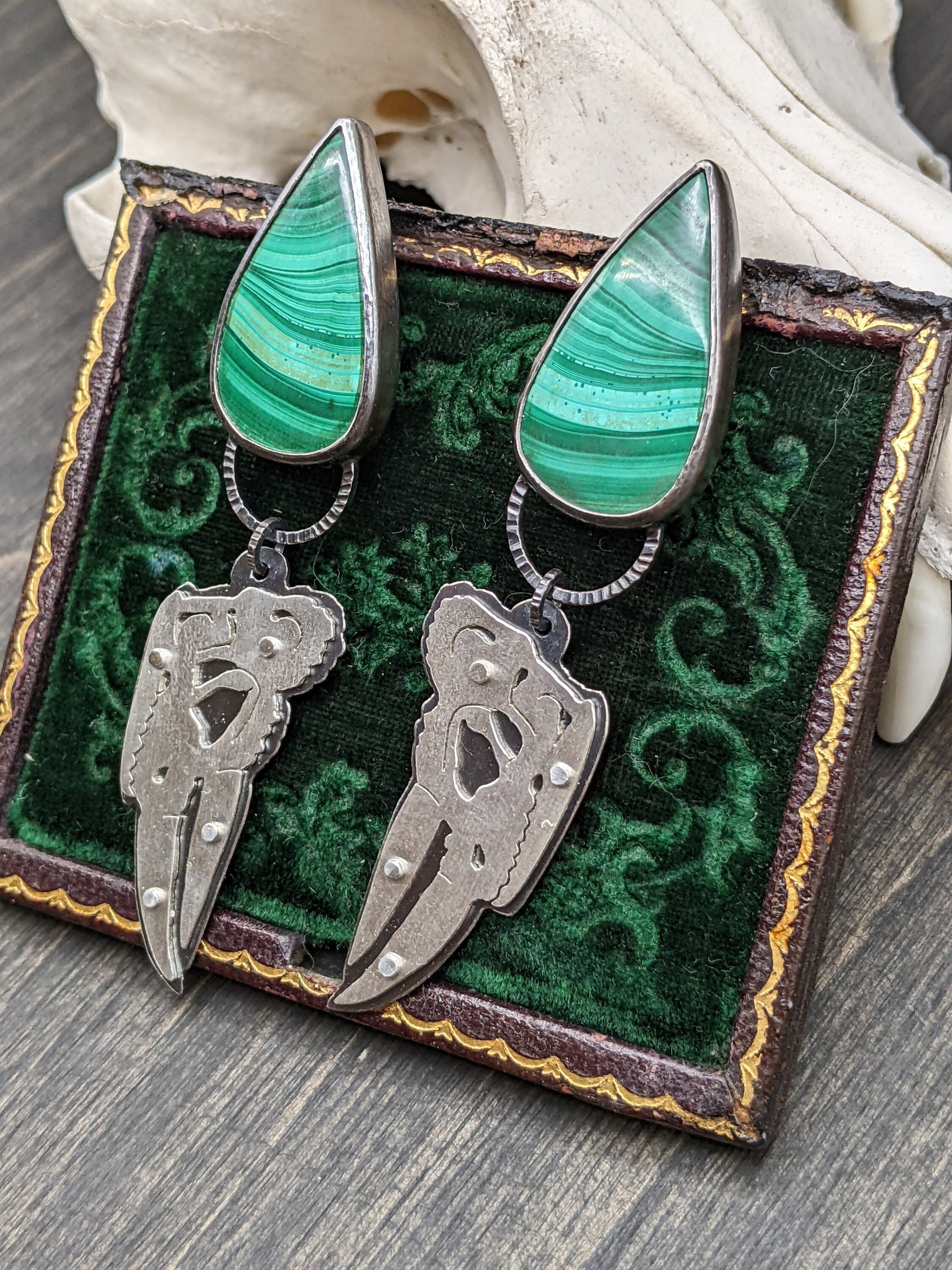 Riveted Chameleon Skull with Malachite Dangle Drop Stud Earrings